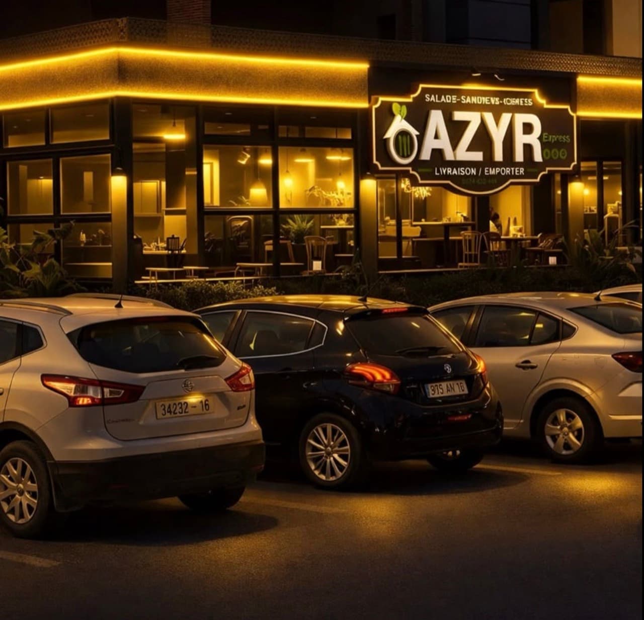 Façade du restaurant AZYR Express Targa à Marrakech, illuminée le soir